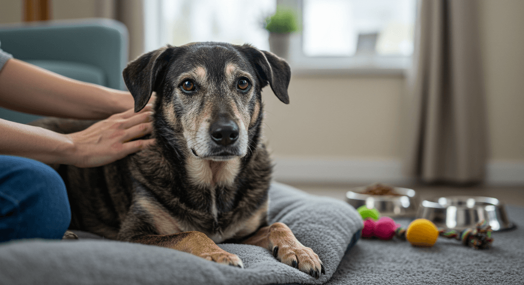  Yaşlı köpek, yumuşak bir yatakta dinleniyor, griyen tüyleri ve bulanık gözleriyle, sevgi dolu bir sahip tarafından nazikçe okşanıyor. Arka planda besleyici bir mama kasesi, su kabı ve oyuncaklar, doğal ışığın pencereden süzüldüğü huzurlu ve bakımlı bir atmosfer yaratıyor.