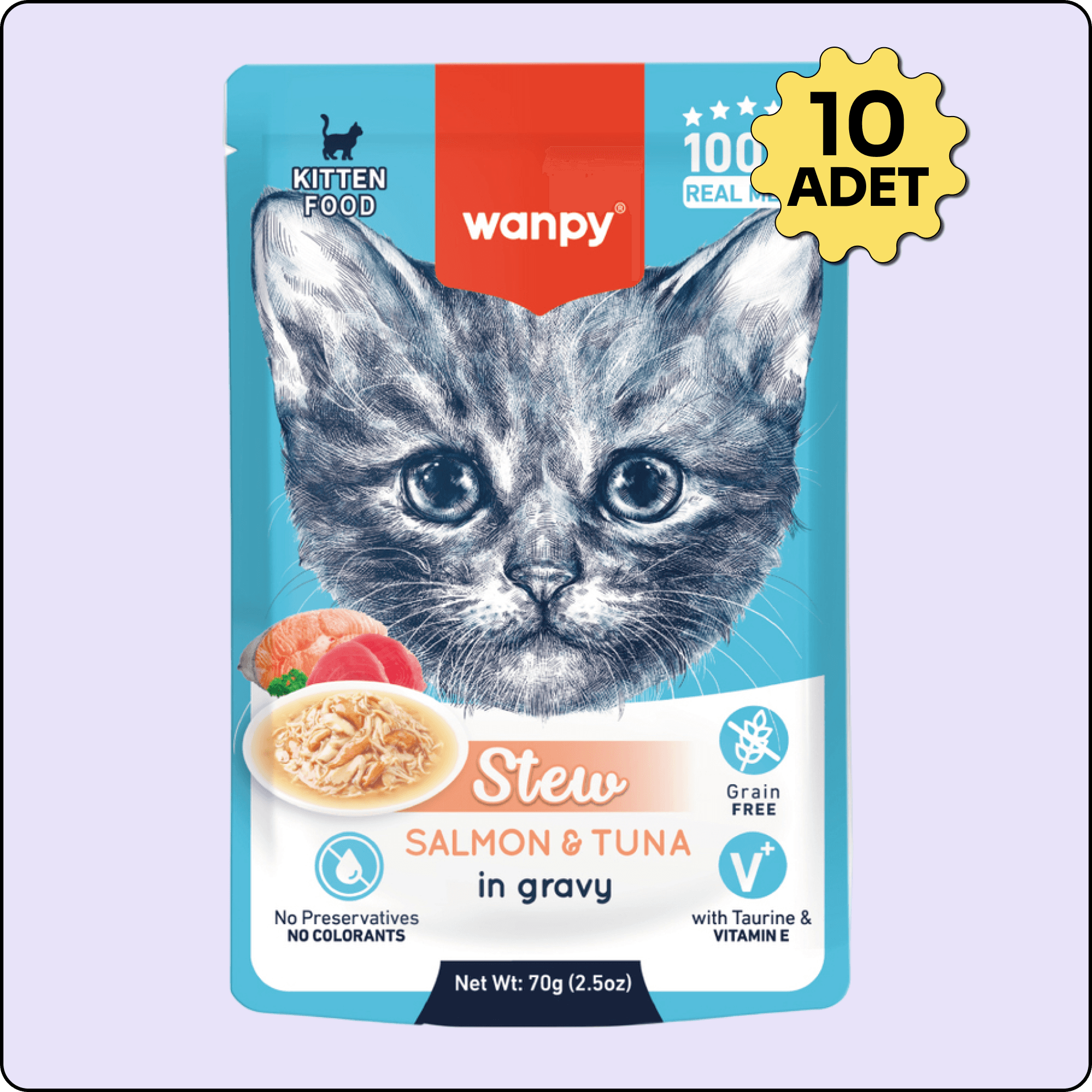 Wanpy Stew Sos İçinde Somon ve Ton Balıklı Yavru Kedi Konservesi 70 gr 10'lu