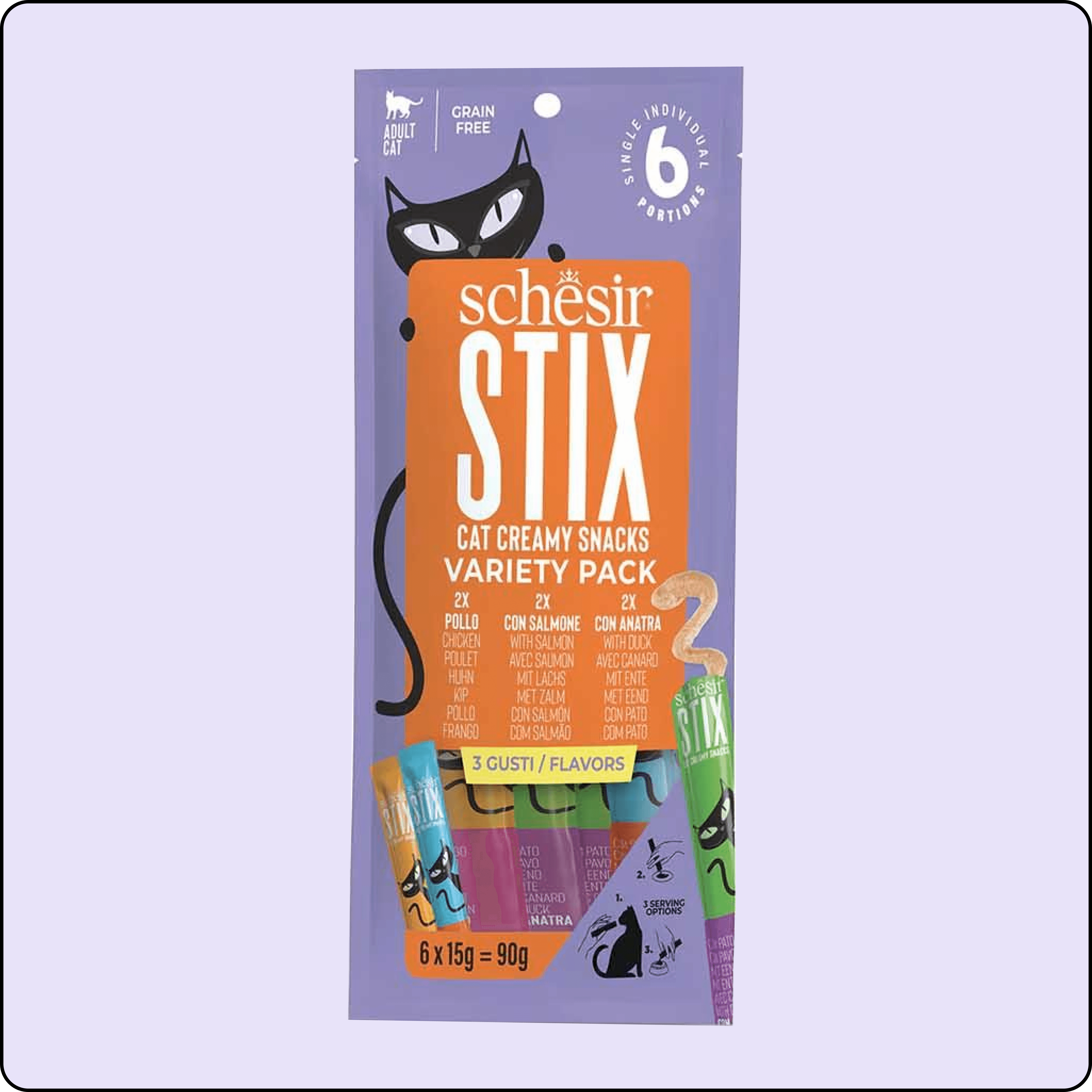 Schesir Cat Stix Tavuk, Somon ve Ördekli Karışık Krema Kedi Ödülü 6 x 15 gr