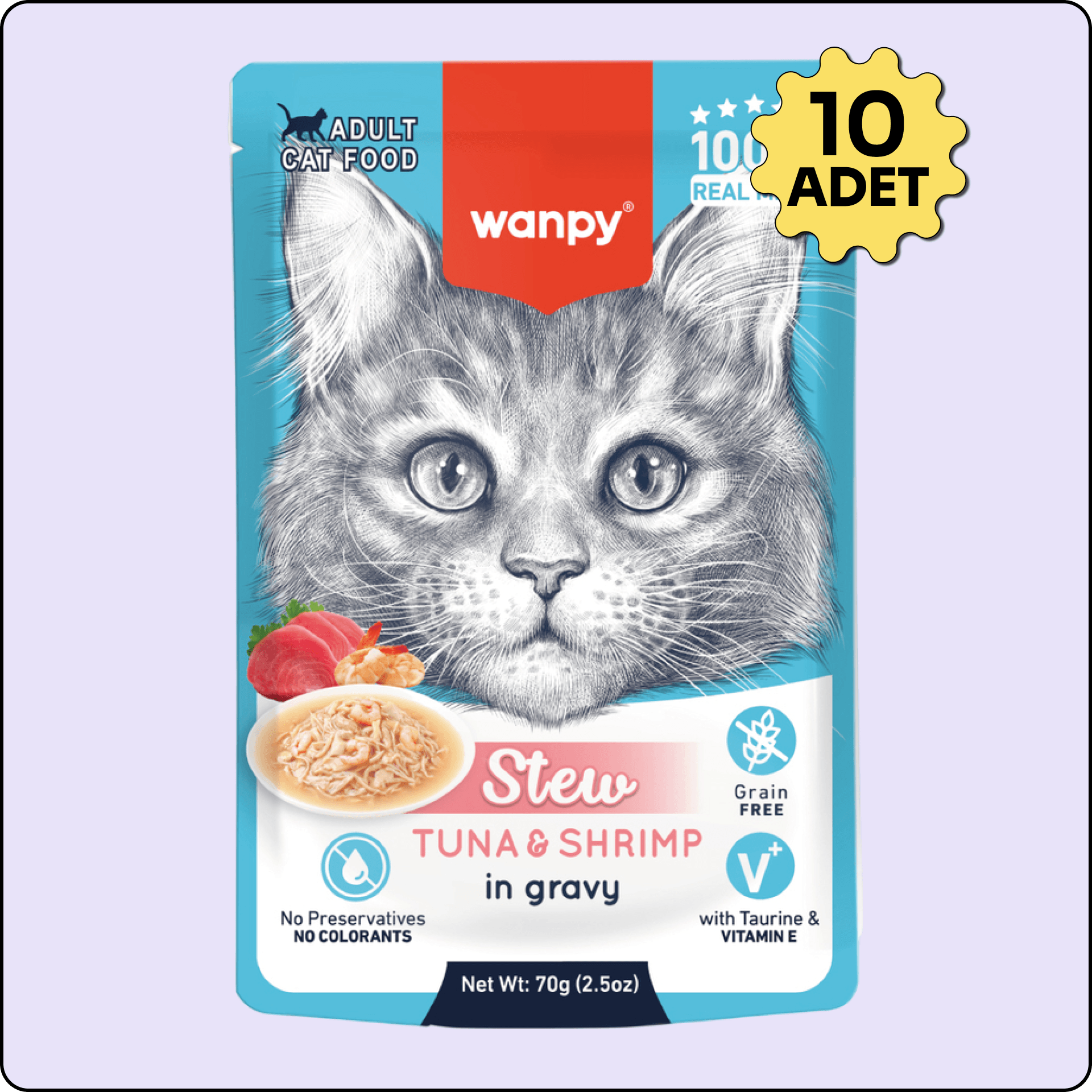 Wanpy Stew Sos İçinde Ton Balıklı ve Karidesli Yetişkin Kedi Konservesi 70 gr 10'lu