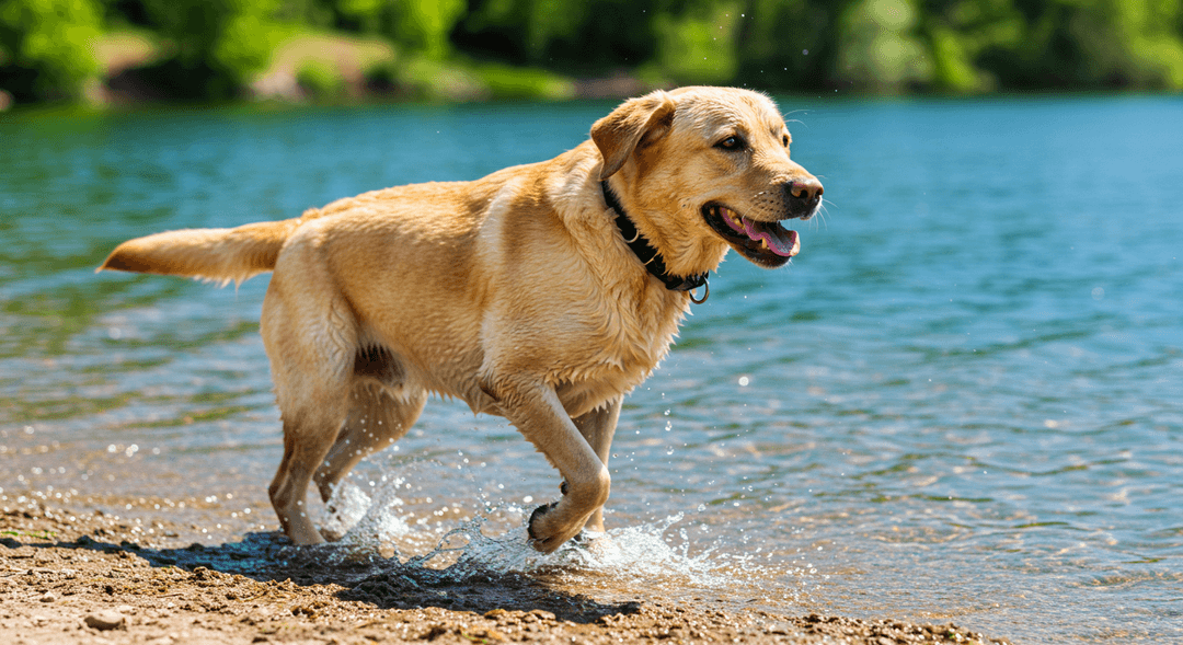Enerjik ve dost canlısı bir Labrador Retriever, su kenarında mutlu bir şekilde koşuyor. Kısa, parlak tüyleriyle su aktivitelerine olan sevgisini sergileyen köpek, doğada canlı bir ortamda hareket ediyor.