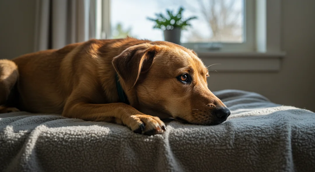 Kısırlaştırma operasyonu sonrası dinlenen sakin köpek, iyileşme sürecinde evde rahat bir ortam.
