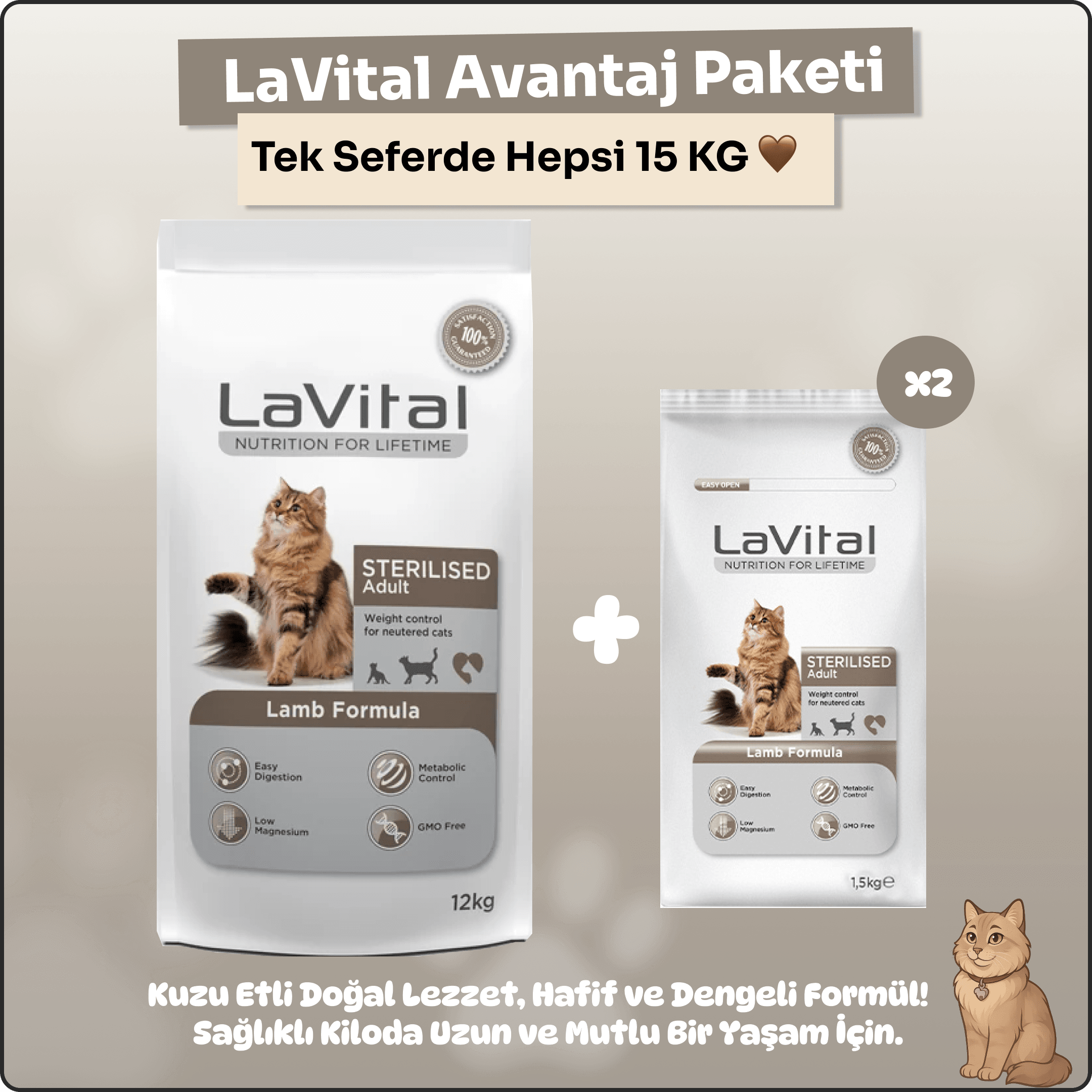 LaVital 12+3 kg Kısırlaştırılmış Kedi Maması Avantaj Paketi – Kuzu Etli ve Dengeli Beslenme