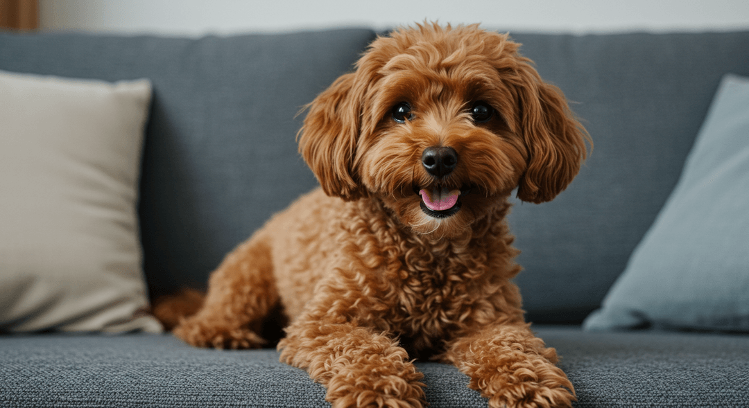 Kıvırcık tüyleri ve sevimli bakışlarıyla koltukta oturan neşeli Toy Poodle, ev ortamında zarafeti ve canlılığıyla dikkat çekiyor.
