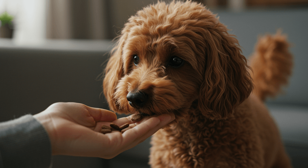 Toy Poodle, sahibinin elinden küçük bir mama parçası yerken doğal bir iç mekânda sağlıklı ve sevgi dolu bir an.