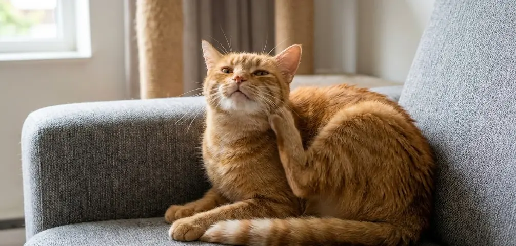 Pire kaşıntısı nedeniyle kulağını kaşıyan huzursuz ev kedisi