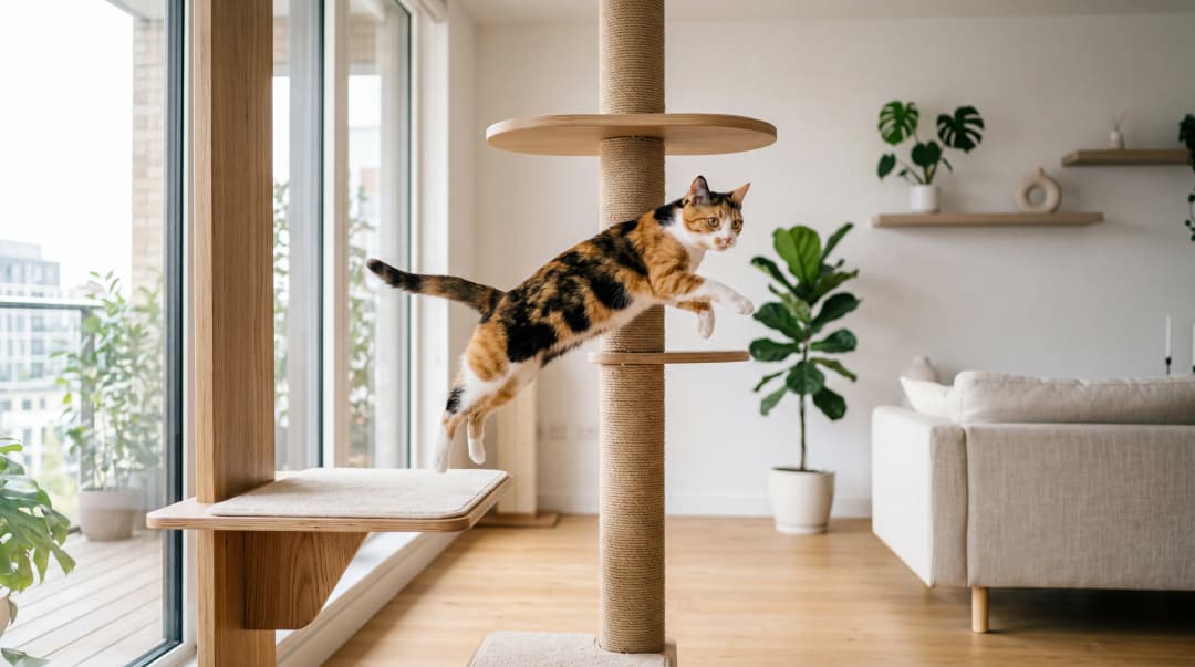 Kedi ağacında zıplayan mutlu kedi