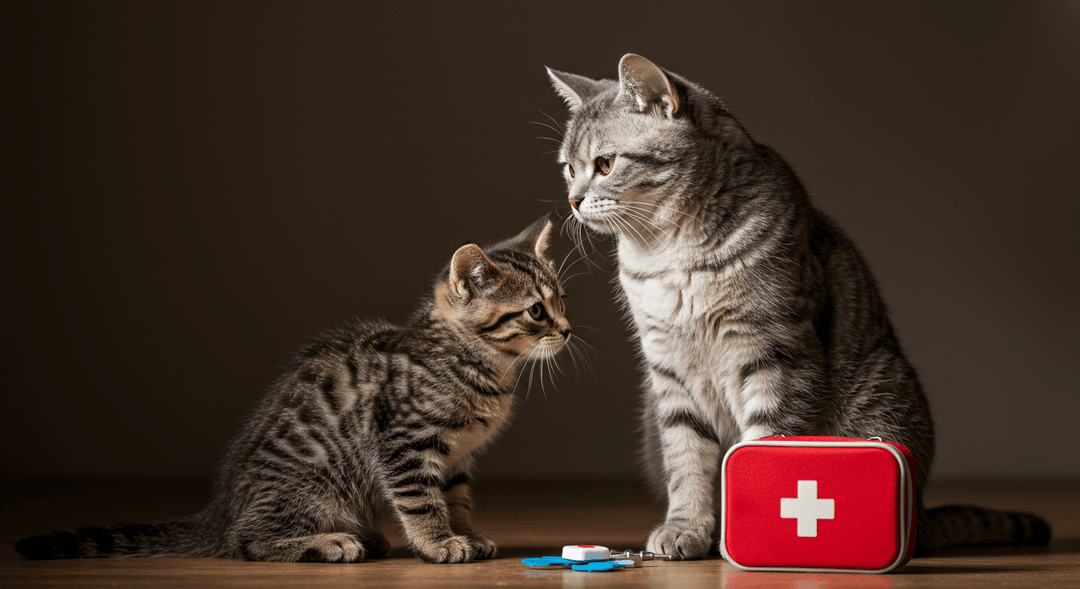 Yavru kedi ve yetişkin kedi yan yana otururken, yanında bir ilk yardım çantası bulunuyor. İki kedi arasında şefkatli bir bağ ve huzurlu bir atmosfer var.