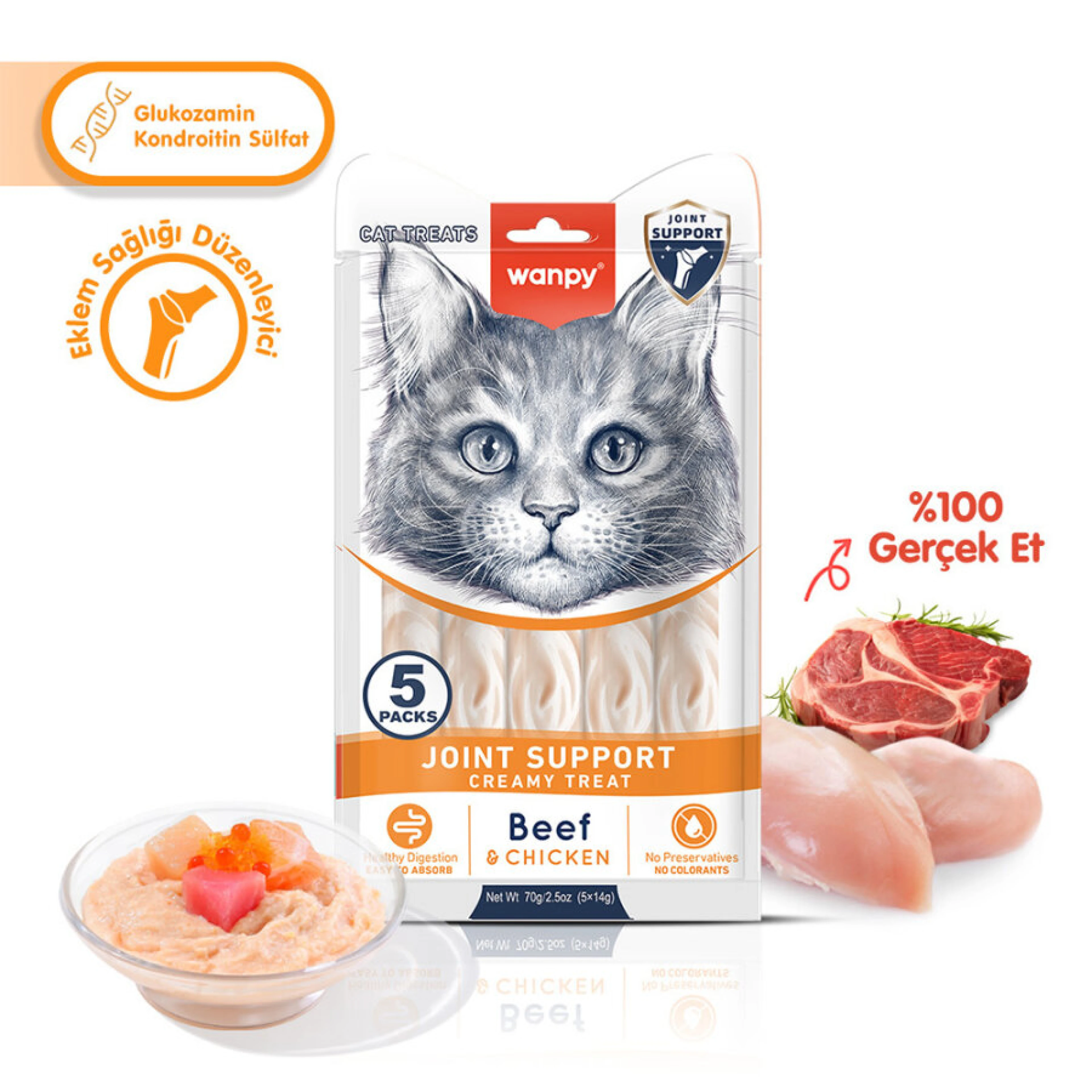 Wanpy Joint Support Sığır Etli ve Tavuklu Eklem Desteği Krema Kedi Ödül Maması 14 gr (5'li)