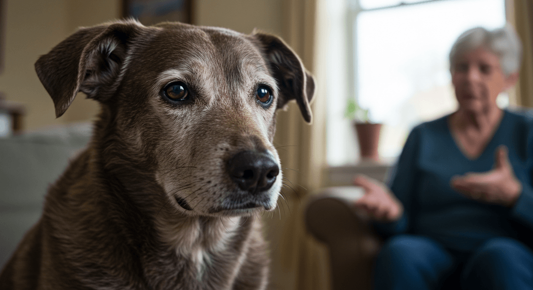 Yaşlı köpek, bulutlu gözleri ve nazik ifadesiyle huzurlu bir ev ortamında oturuyor. Köpeğin tüyleri griye dönmüş ve gözlerindeki yaşlanma izleri, görme kaybını gösteriyor. Yakınında, köpeğin sahibi nazikçe konuşuyor, ancak köpeğin kulakları hafifçe düşmüş, işitme kaybını simgeliyor. Ortam sıcak ve rahat, pencereden süzülen yumuşak ışık, evin sakin ve şefkatli atmosferini güçlendiriyor.