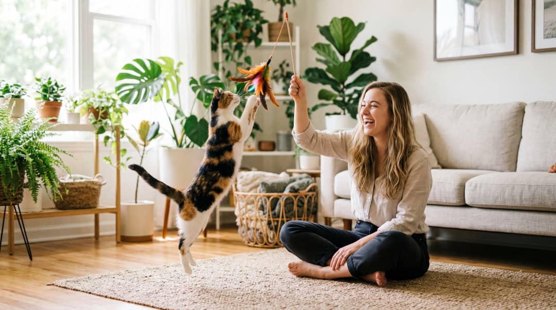 Tüylü çubuk oyuncakla oynayan kedi ve sahibi