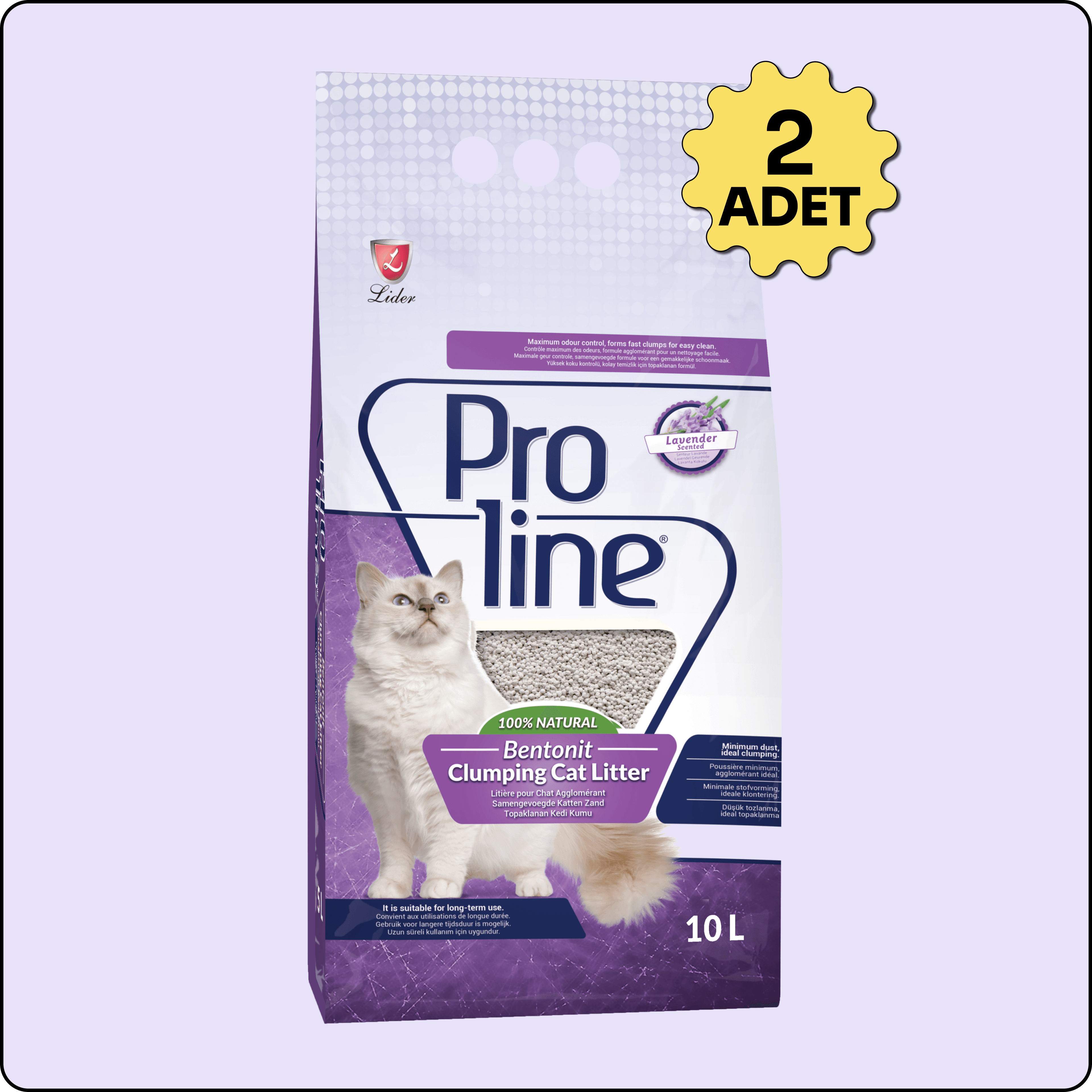Proline Bentonit Lavanta Kokulu Topaklanan 10 lt 2'li Paket Kedi Kumu