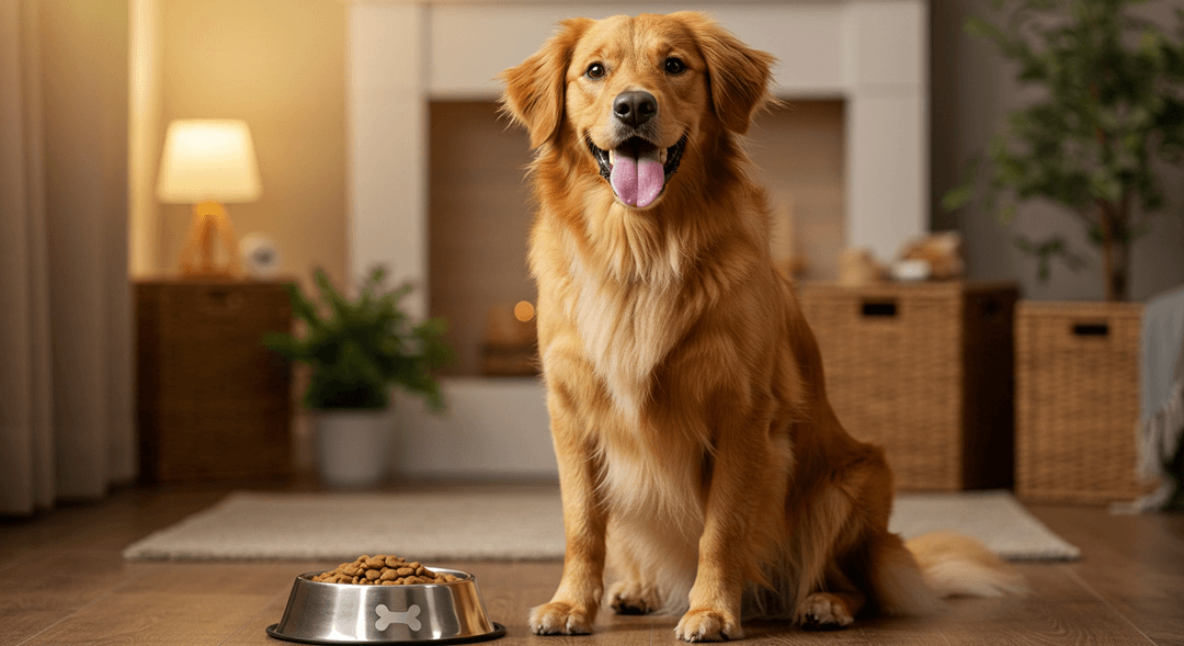 Parlak tüylü, sağlıklı ve mutlu bir köpek ev ortamında
