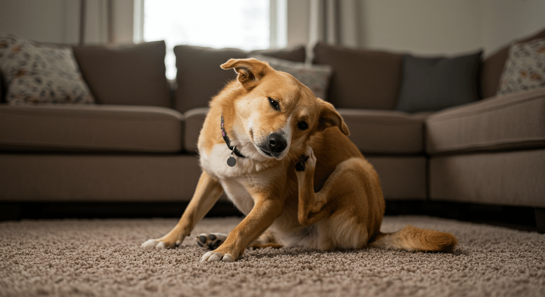 Halının üzerinde otururken kaşınan orta boy bir köpek.