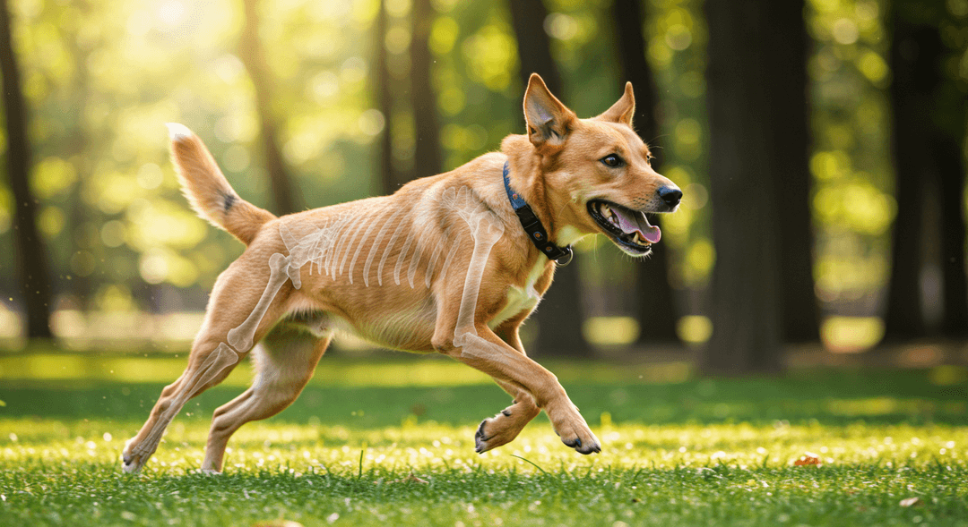 Enerjik bir köpeğin parkta neşeyle koştuğu ve sağlıklı eklem yapısını simgeleyen x-ray efektiyle hareketliliğin vurgulandığı görsel.