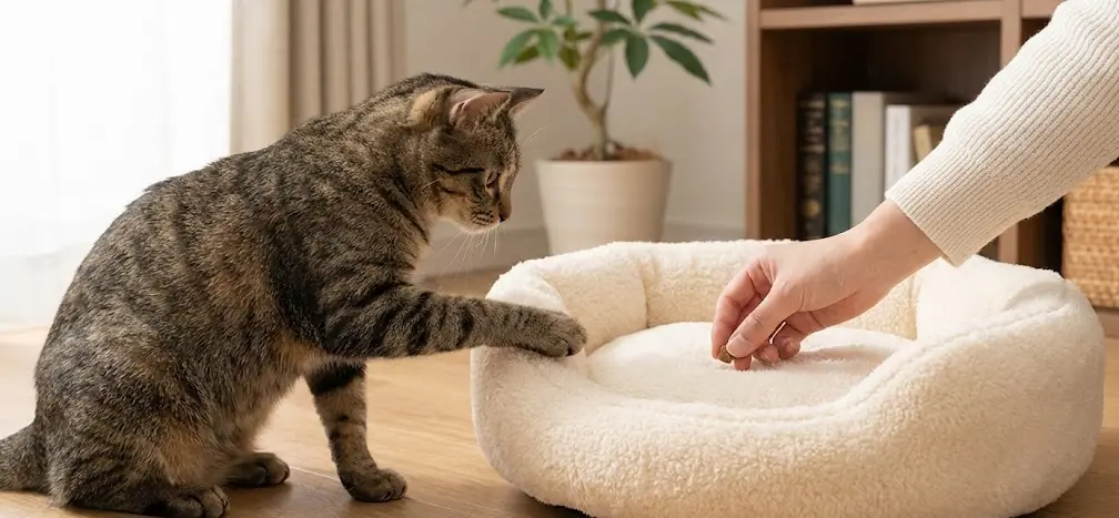 Ödül mamasıyla kedi yatağına alıştırma yöntemi, olumlu pekiştirme ile kedi eğitimi