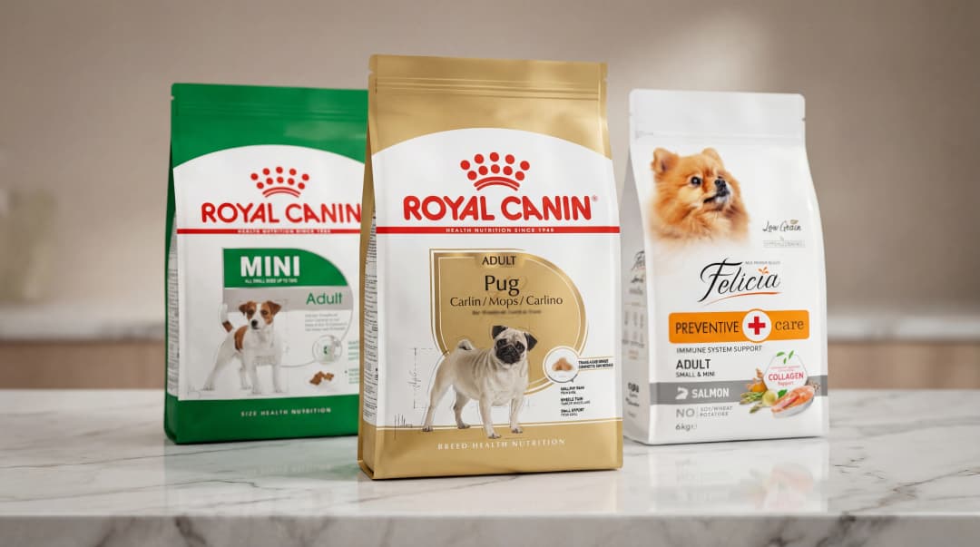 Farklı markaların küçük ırk köpek mamaları yan yana dizilmiş