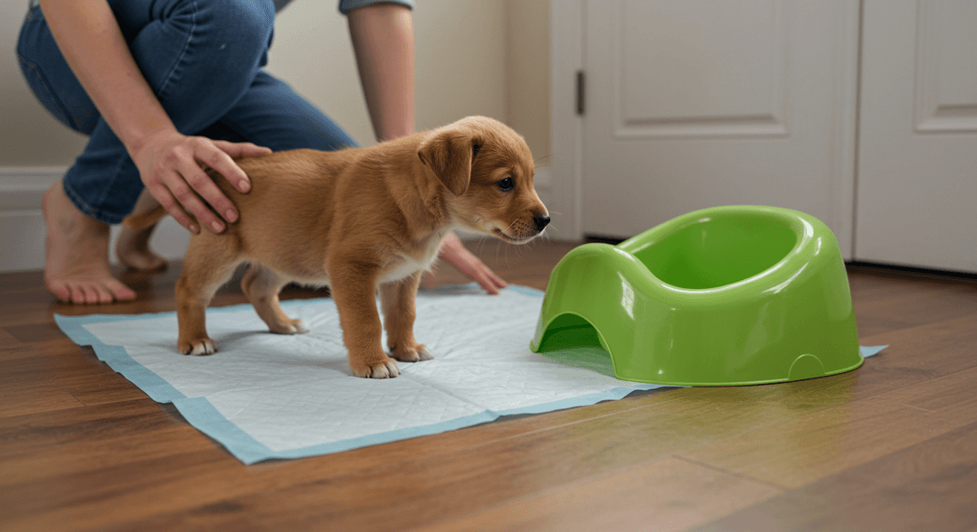 Yavru köpek, bir tuvalet pedi üzerinde duruyor veya dışarıda belirlenen bir alana yönlendirilirken, sahibi sabırlı ve pozitif bir şekilde eğitim sürecine rehberlik ediyor.