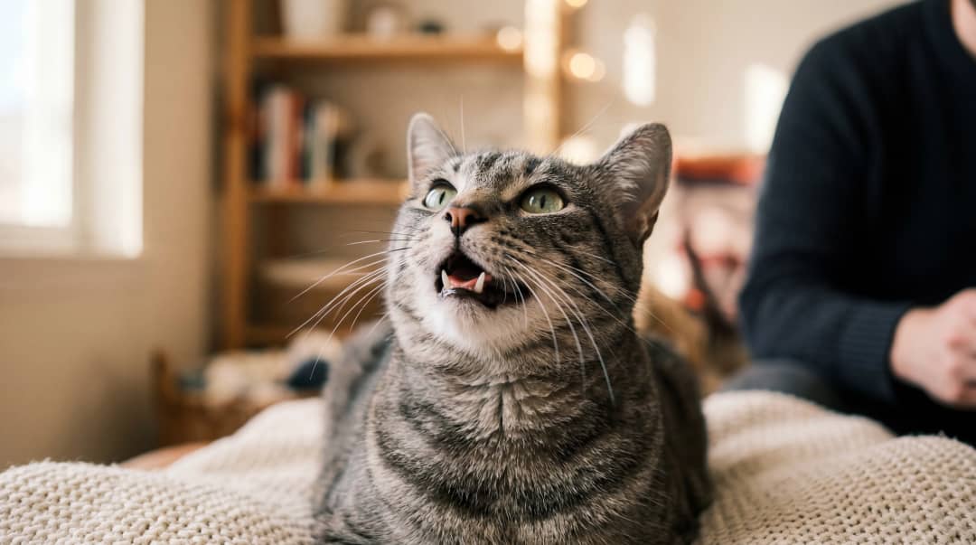 Sahibine miyavlayarak bakan gri tekir kedi portresi