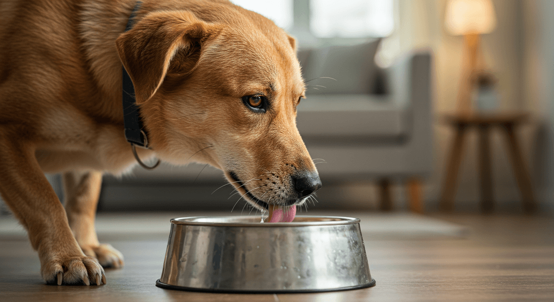 Bir köpek, açlık ve susuzlukla ilgili riskler ve etkiler üzerine düşündüren bir sahnede su içiyor.