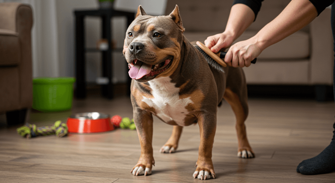 American Bully köpeği, güçlü ve kaslı yapısıyla, kısa ve parlak tüylere sahip olarak sahipleriyle etkileşimde bulunuyor. Arka planda oyuncaklar ve yemek kabı ile bakımlı ve sevgi dolu bir ev ortamı.