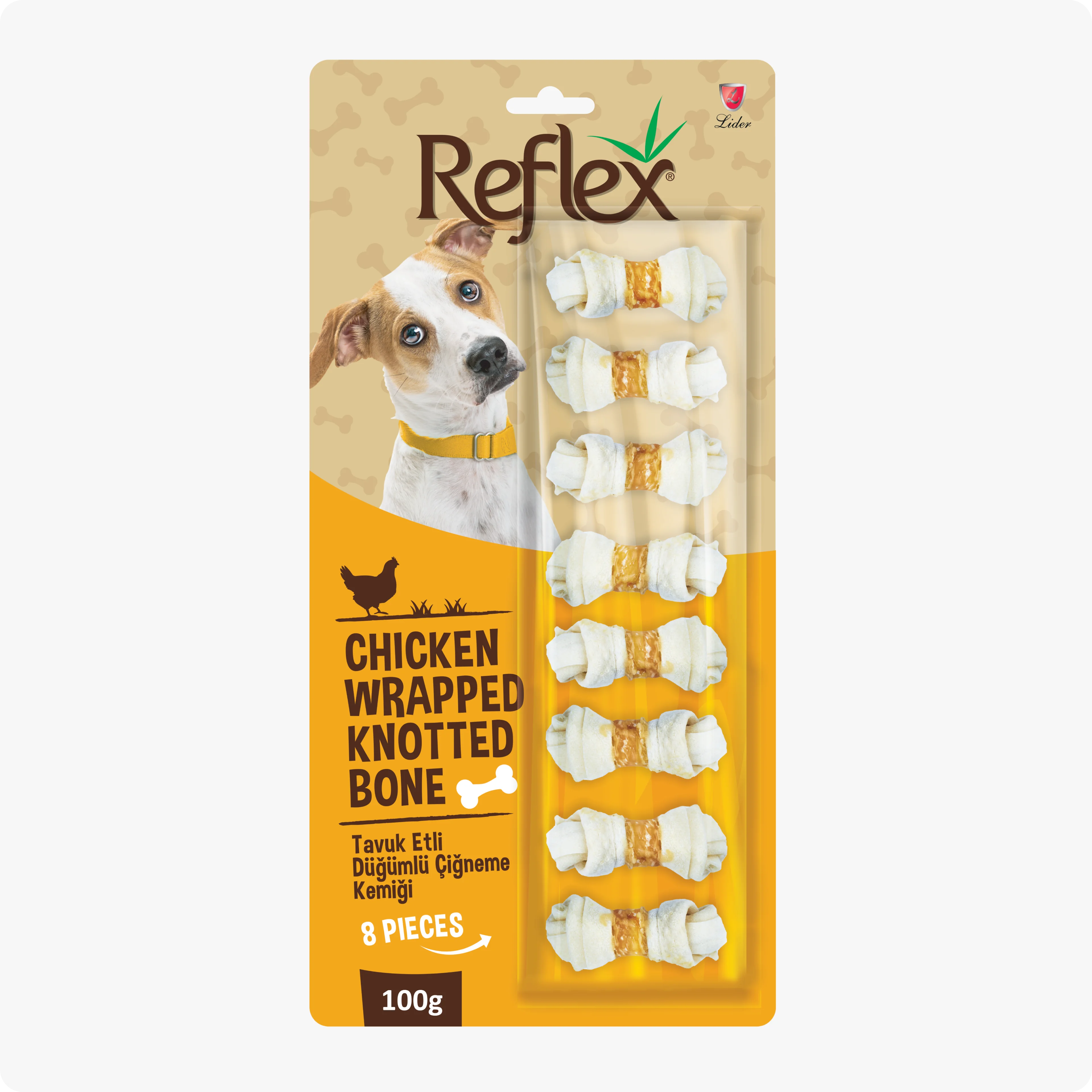 Reflex Tavuk Eti Sargılı Düğümlü Köpek Çiğneme Kemiği 100 gr (8'li)