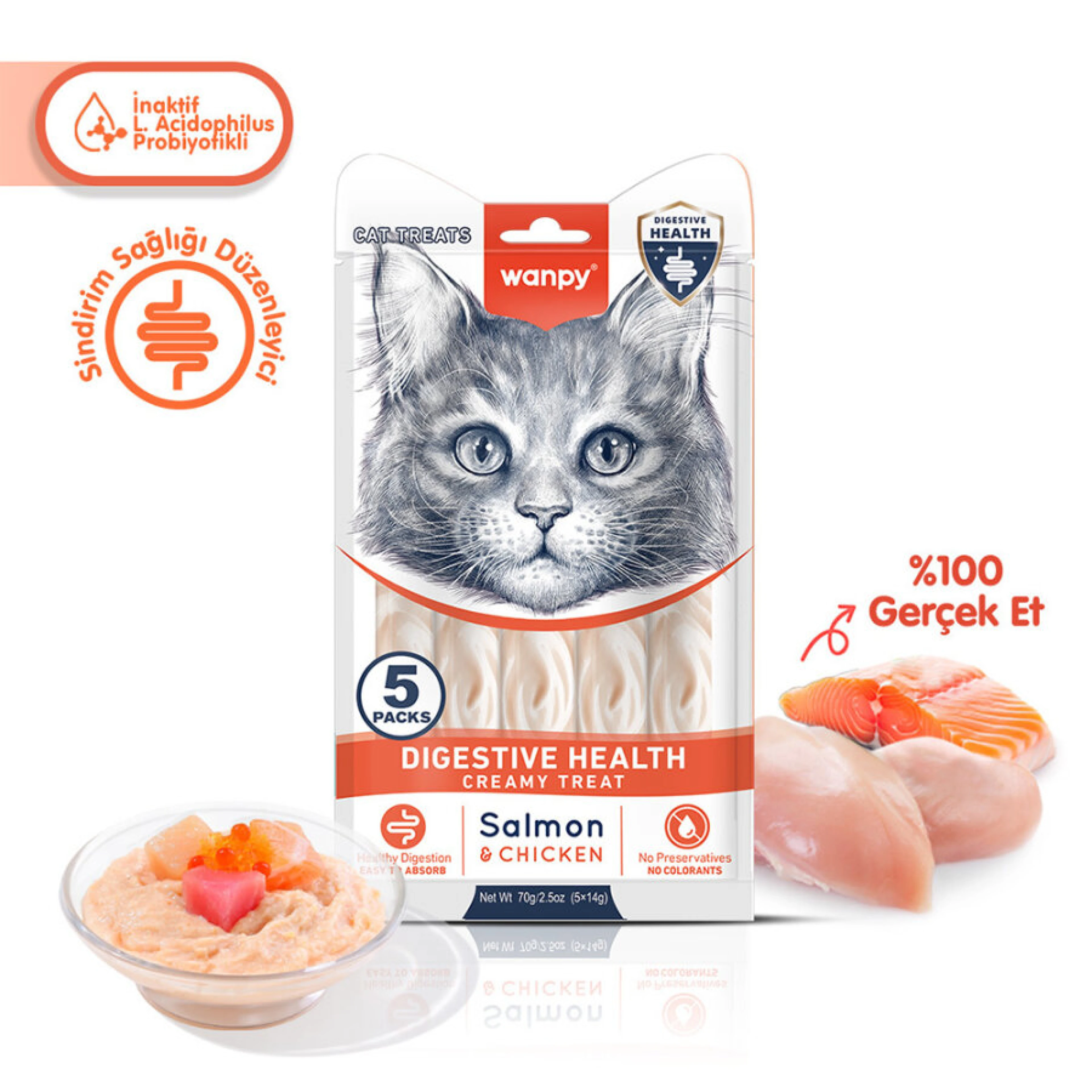 Wanpy Digestive Health Somonlu ve Tavuklu Sindirim Desteği Krema Kedi Ödül Maması 14 gr (5'li)