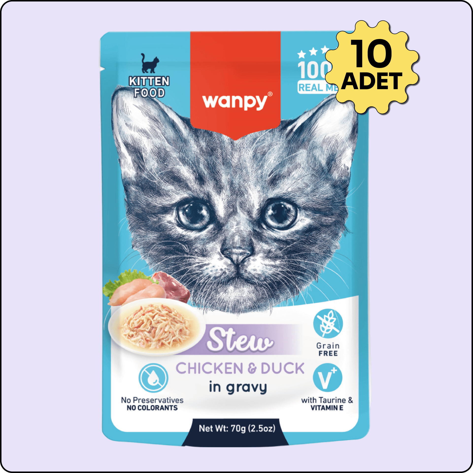 Wanpy Stew Sos İçinde Tavuk ve Ördekli Yavru Kedi Konservesi 70 gr 10'lu