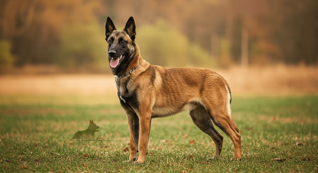 Bir Belçika Malinois köpeği, fawn renginde kısa tüylü, siyah maskeli, atletik ve kaslı yapısıyla doğal bir açık alanda gururla duruyor. Zeki ve uyanık bakışlarıyla sadık ve koruyucu bir arkadaş olarak doğanın huzurlu ve sakin bir manzarasında yer alıyor.