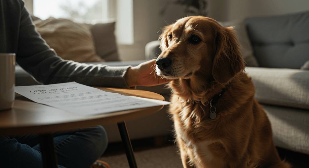 Orta ırk bir köpeği sahiplenmeden önce ona sevgiyle dokunan bir kişi ve yanında karar sürecini yansıtan bir sahiplenme rehberi bulunan huzurlu ev ortamı.