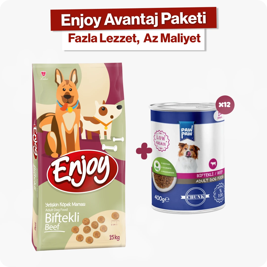 Enjoy Biftekli Yetişkin Köpek Maması + 12'li Konserve Ekonomik Paket