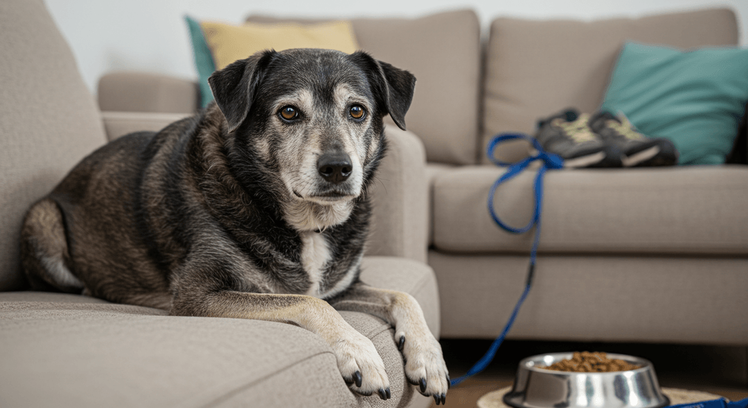  Yaşlı köpek, hafif kilolu vücudu ve gri tüyleriyle, bir oturma odasında rahat bir kanepeye uzanmış. Yorgun ama nazik bir ifadeye sahip. Yakınında, sağlıklı ve dengeli köpek maması kasesi yer alıyor, doğru beslenmenin önemini vurguluyor. Arka planda, düzenli, düşük etkili egzersiz ihtiyacını simgeleyen yürüyüş ayakkabıları ve tasma bulunuyor. Huzurlu bir ortam yaratmak için yumuşak ışıklar kullanılmış.