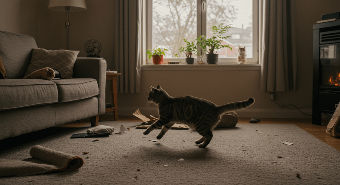 Evde hiperaktif bir kedi, pencereye atlayıp halıyı parçalarken, oyunbaz ve yıkıcı davranışlarını sergiliyor.