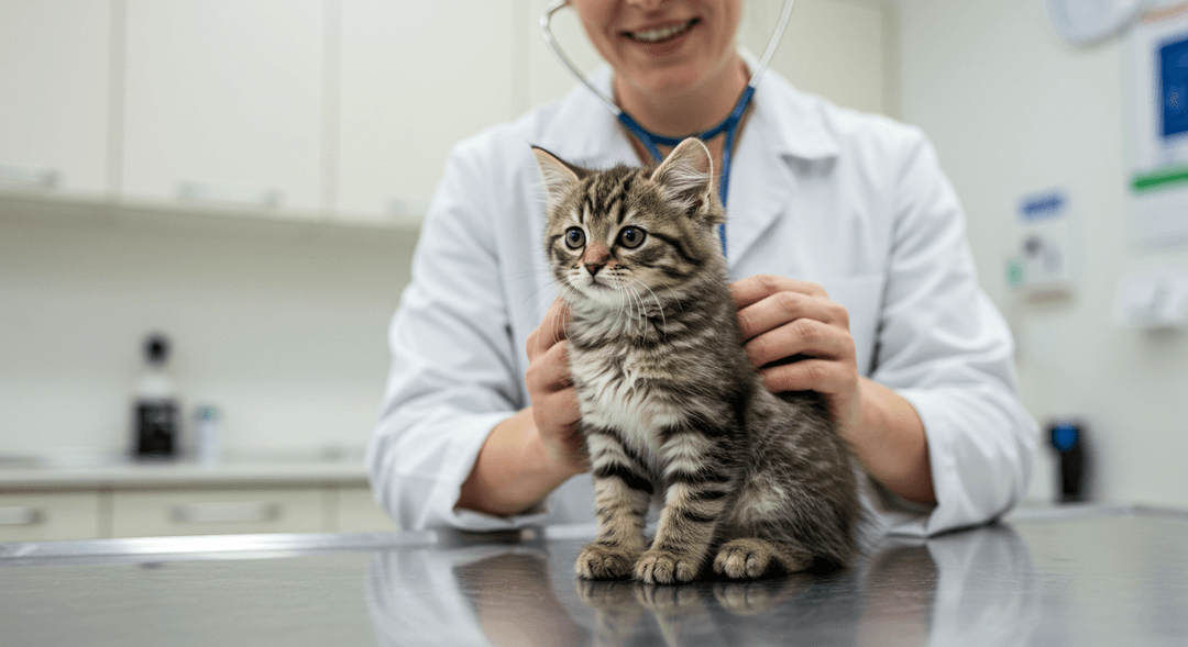 Veteriner kliniğinde muayene masasındaki sevimli yavru kedi, veteriner tarafından nazikçe kontrol ediliyor.