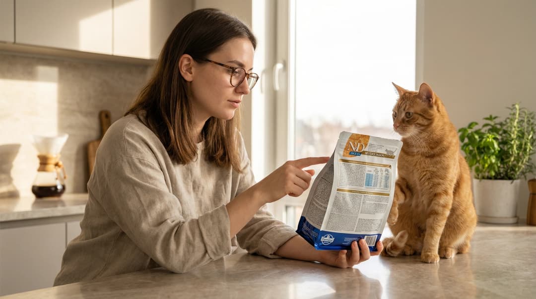 Kedi maması etiketini inceleyen kedi sahibi