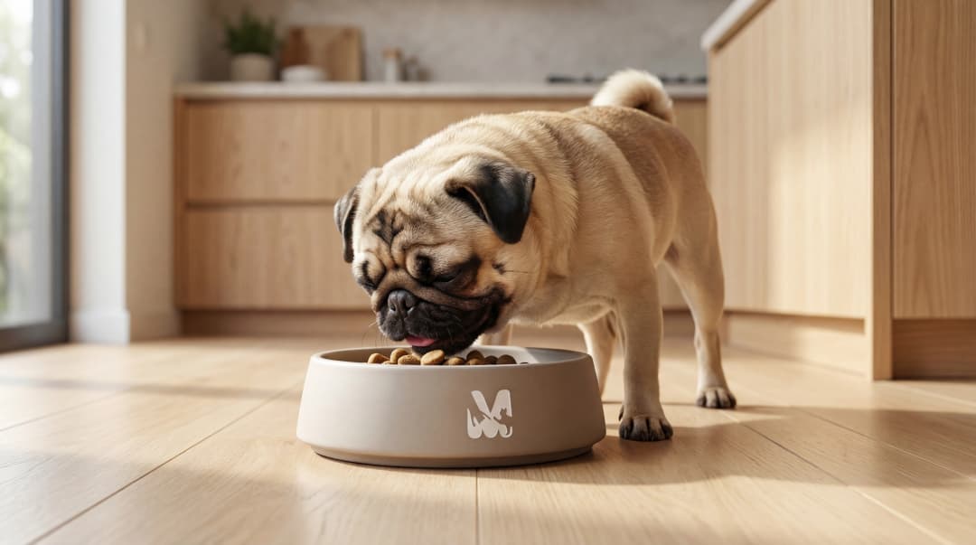 Pug köpek mama kasesinden yemek yerken