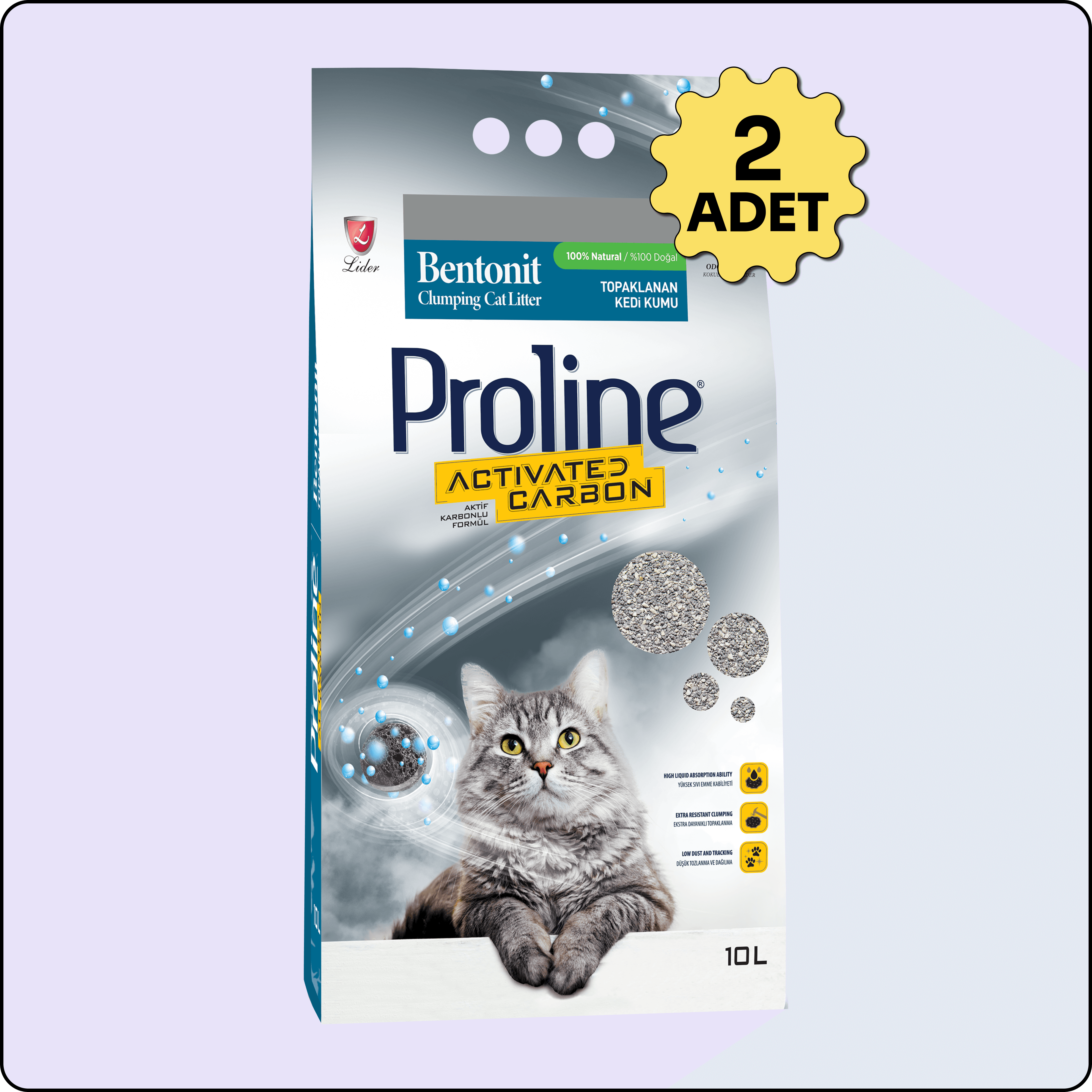 Proline Aktif Karbonlu Topaklanan Bentonit Kedi Kumu 10 lt 2 Adet