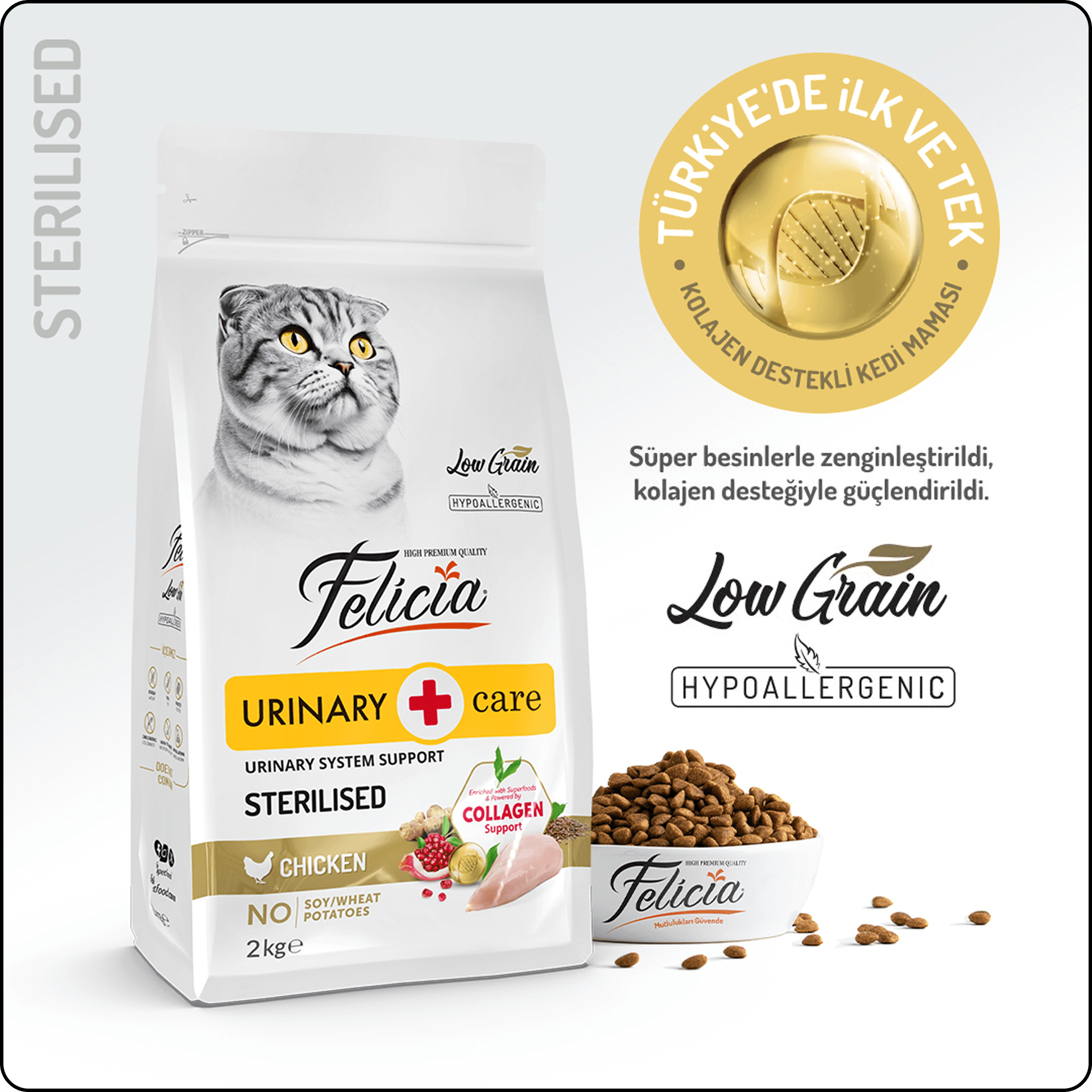 Felicia Hypo-Allergenic Üriner Sağlığı için Tavuklu Düşük Tahıllı Kısırlaştırılmış Kedi Maması 2 kg