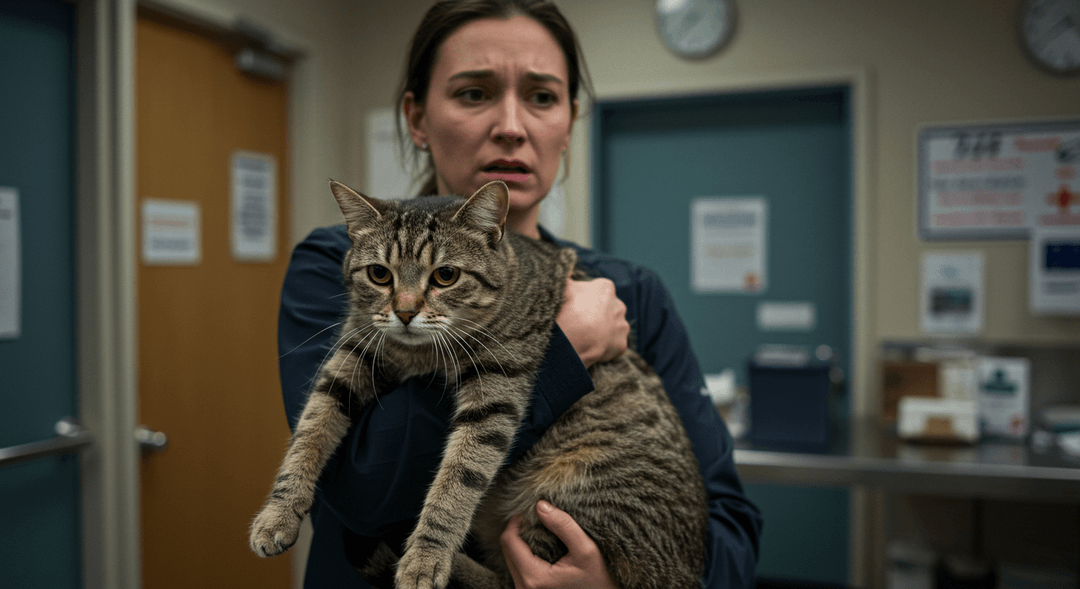 Veteriner kliniğine acil şekilde hasta ve yaşlı kedisini götüren endişeli bir kedi sahibi.