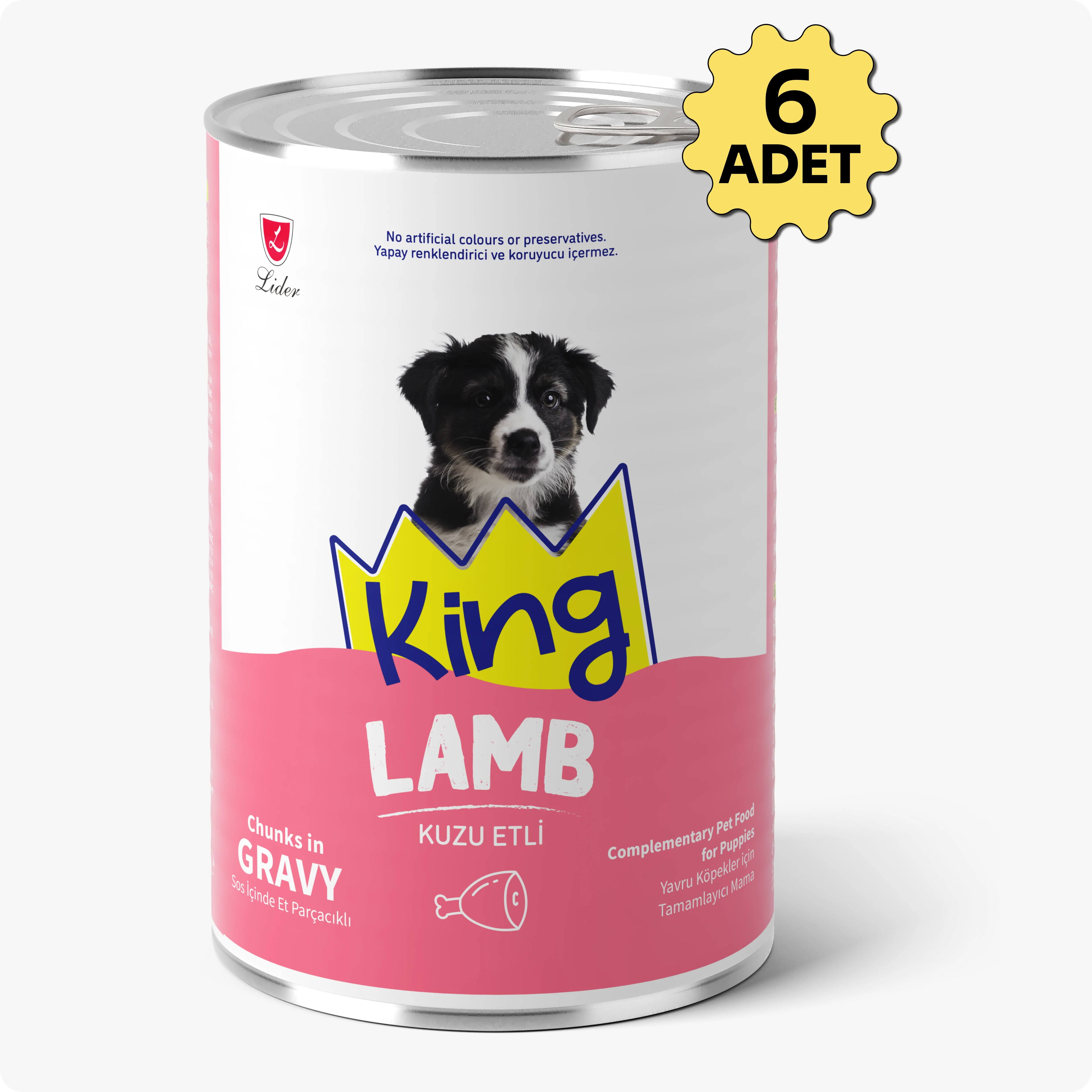 King Sos İçerisinde Et Parçacıklı Kuzu Etli Yavru Köpek Konservesi 400 gr 6'lı