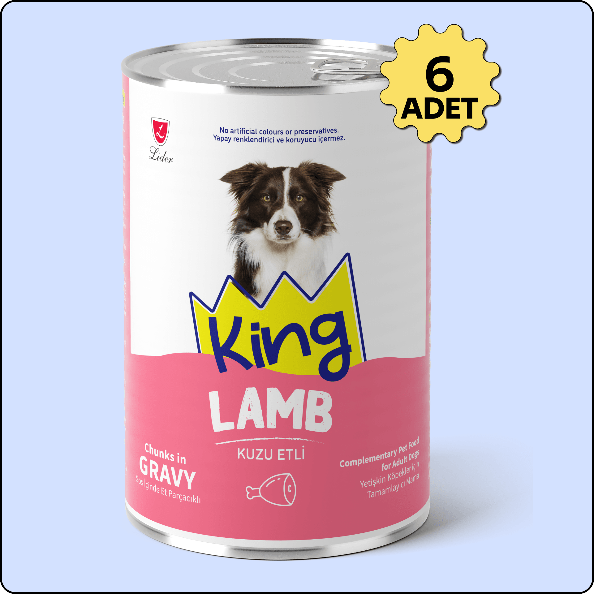 King Sos İçerisinde Et Parçacıklı Kuzu Etli Köpek Konservesi 400 gr 6 Adet