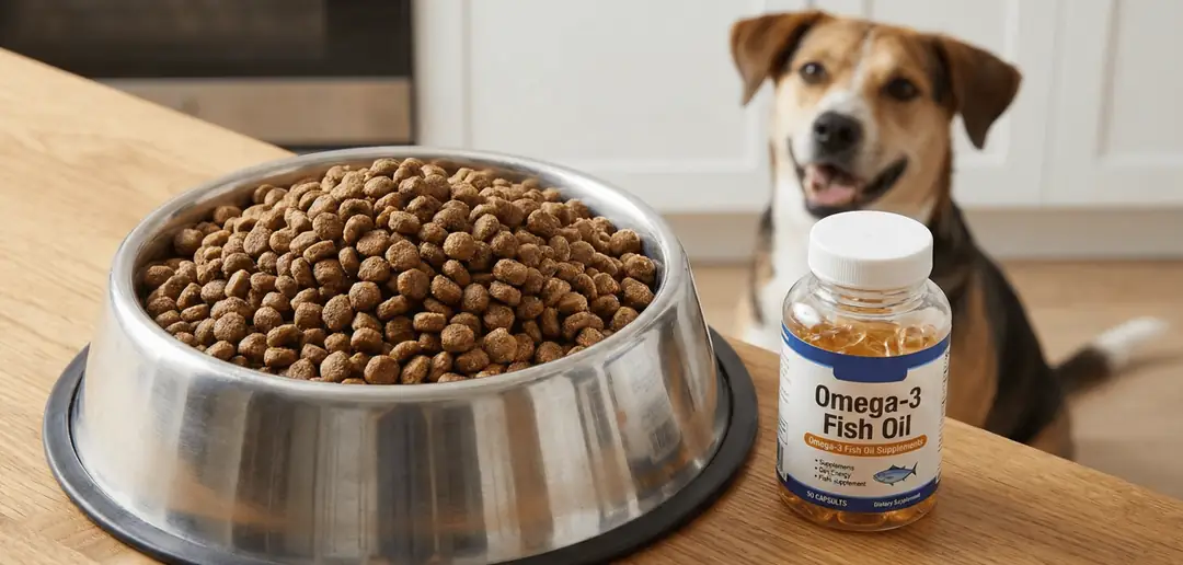 Metal kapta kuru köpek maması ve yanında Omega-3 balık yağı takviyesi şişesi.