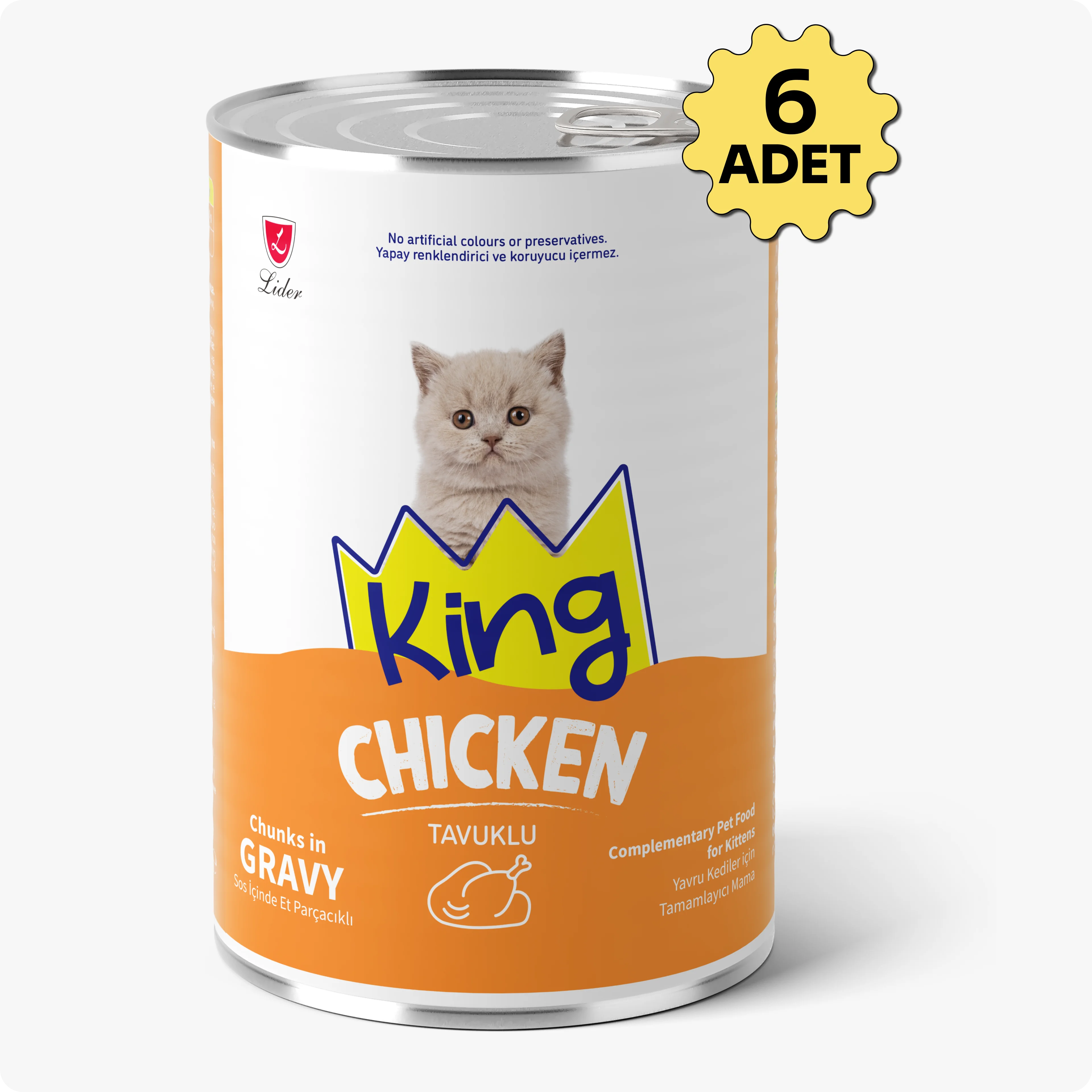 King Sos İçerisinde Et Parçacıklı Tavuklu Yavru Kedi Konservesi 400 gr 6'lı