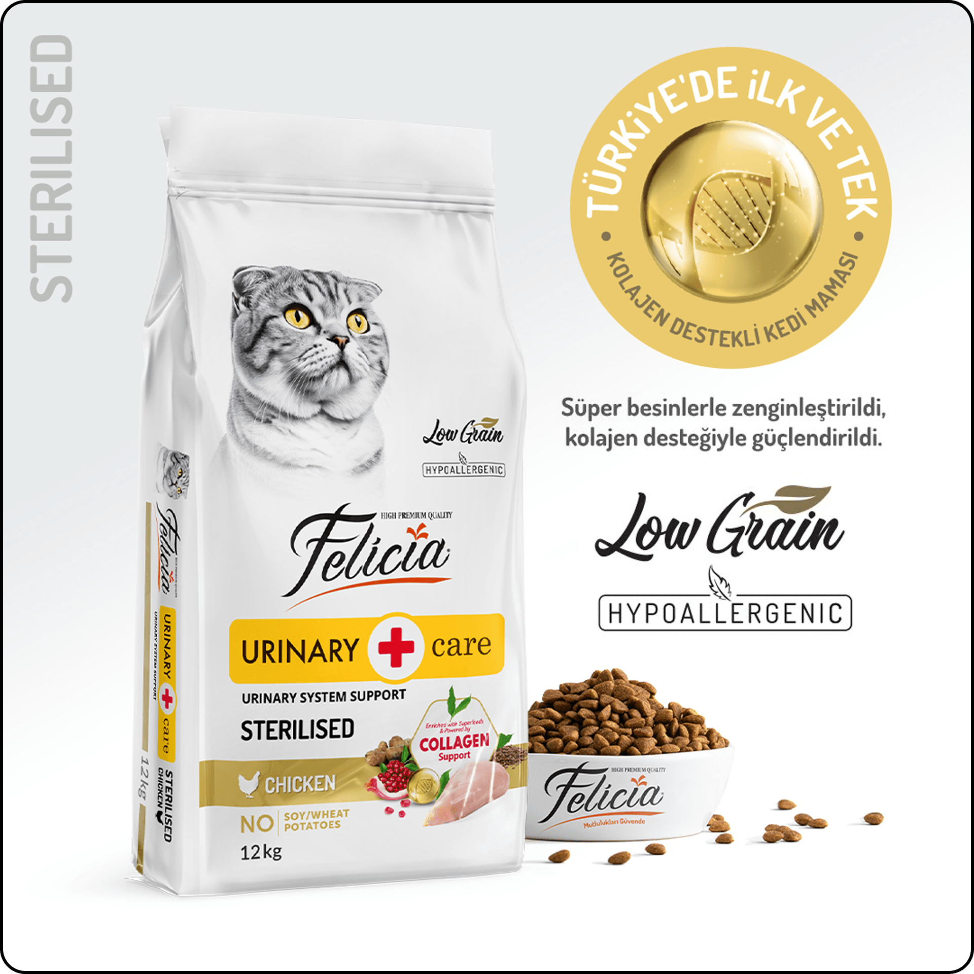 Felicia Hypo-Allergenic Üriner Sağlığı için Tavuklu Düşük Tahıllı Kısırlaştırılmış Kedi Maması 12 kg