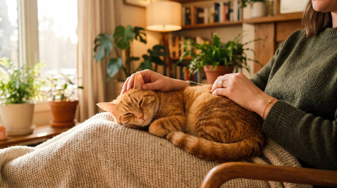 Sahibinin kucağında mırlayarak uyuklayan turuncu kedi