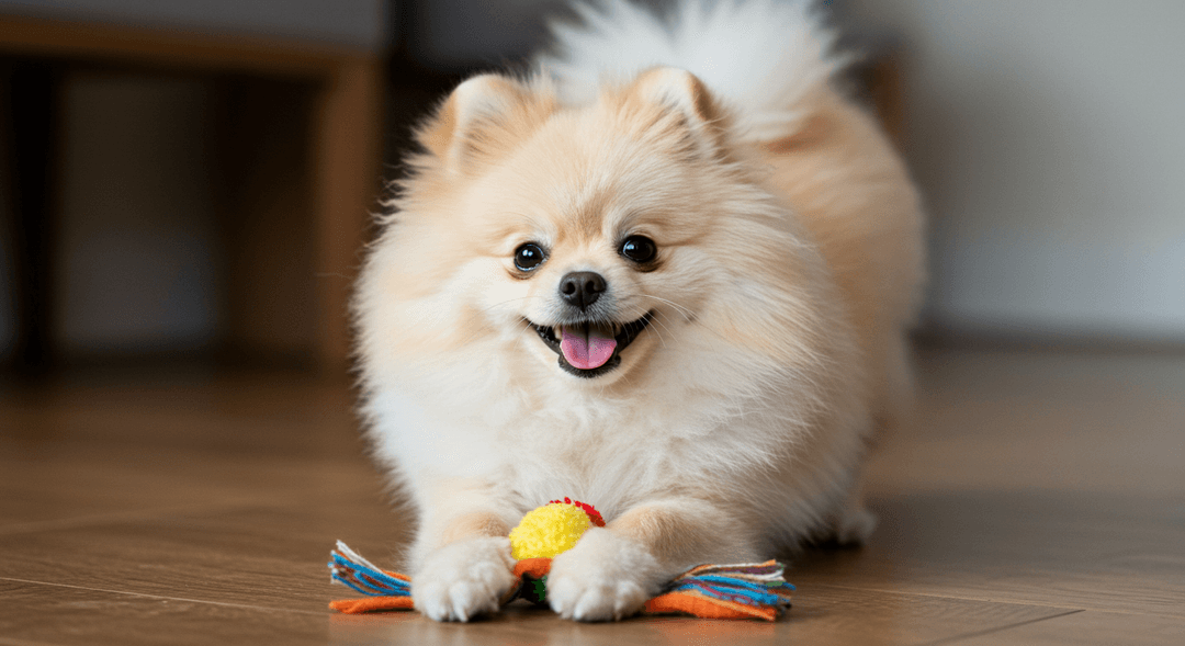 Sevimli, kabarık tüyleriyle Pomeranian Boo köpeği, oyuncakla oynarken ev ortamında neşeli bir şekilde poz veriyor. Kısa burnu, yuvarlak kafası ve büyük koyu gözleriyle enerjik ve sevgi dolu kişiliği vurgulanıyor