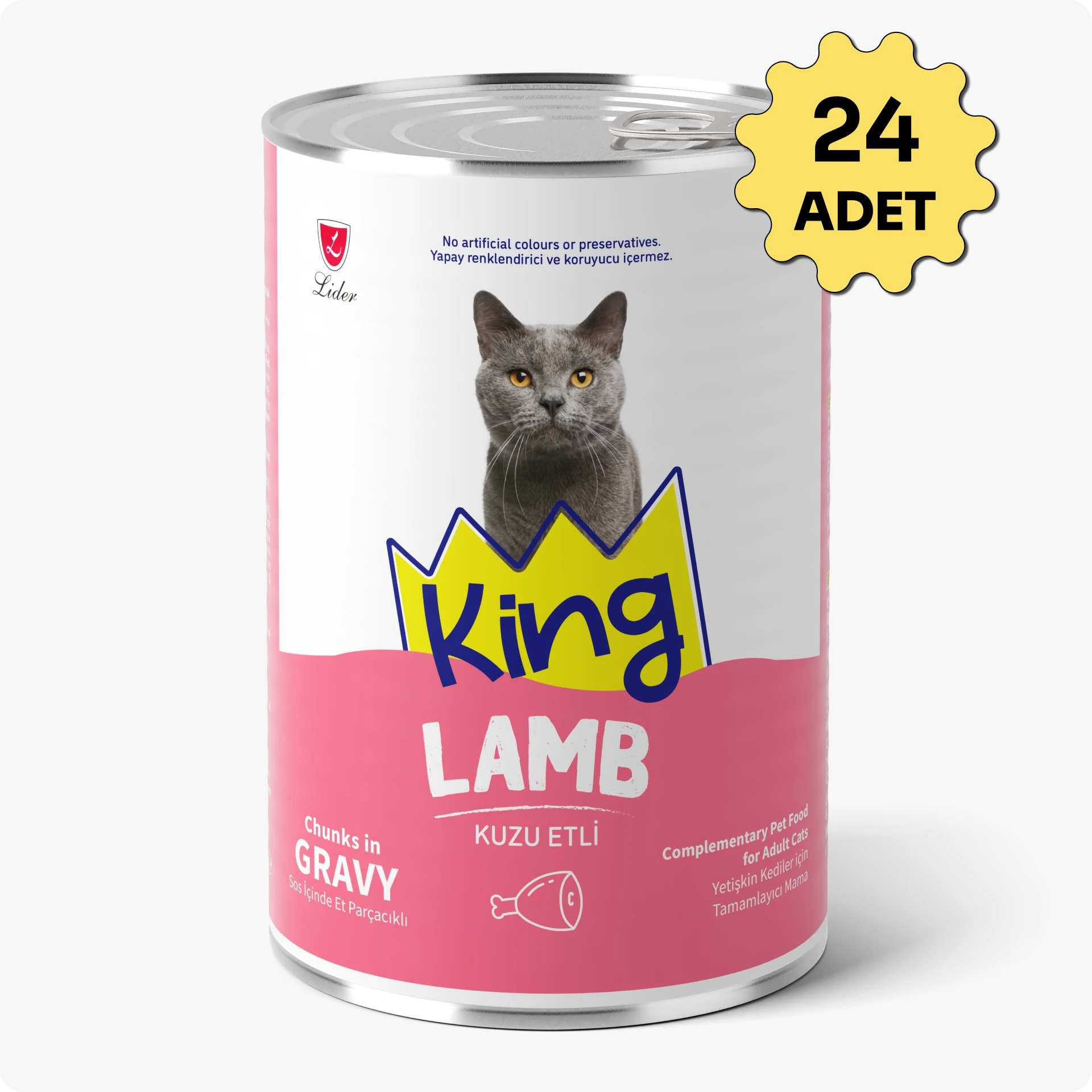 King Sos İçerisinde Et Parçacıklı Kuzu Etli Kedi Konservesi 400 gr 24 Adet