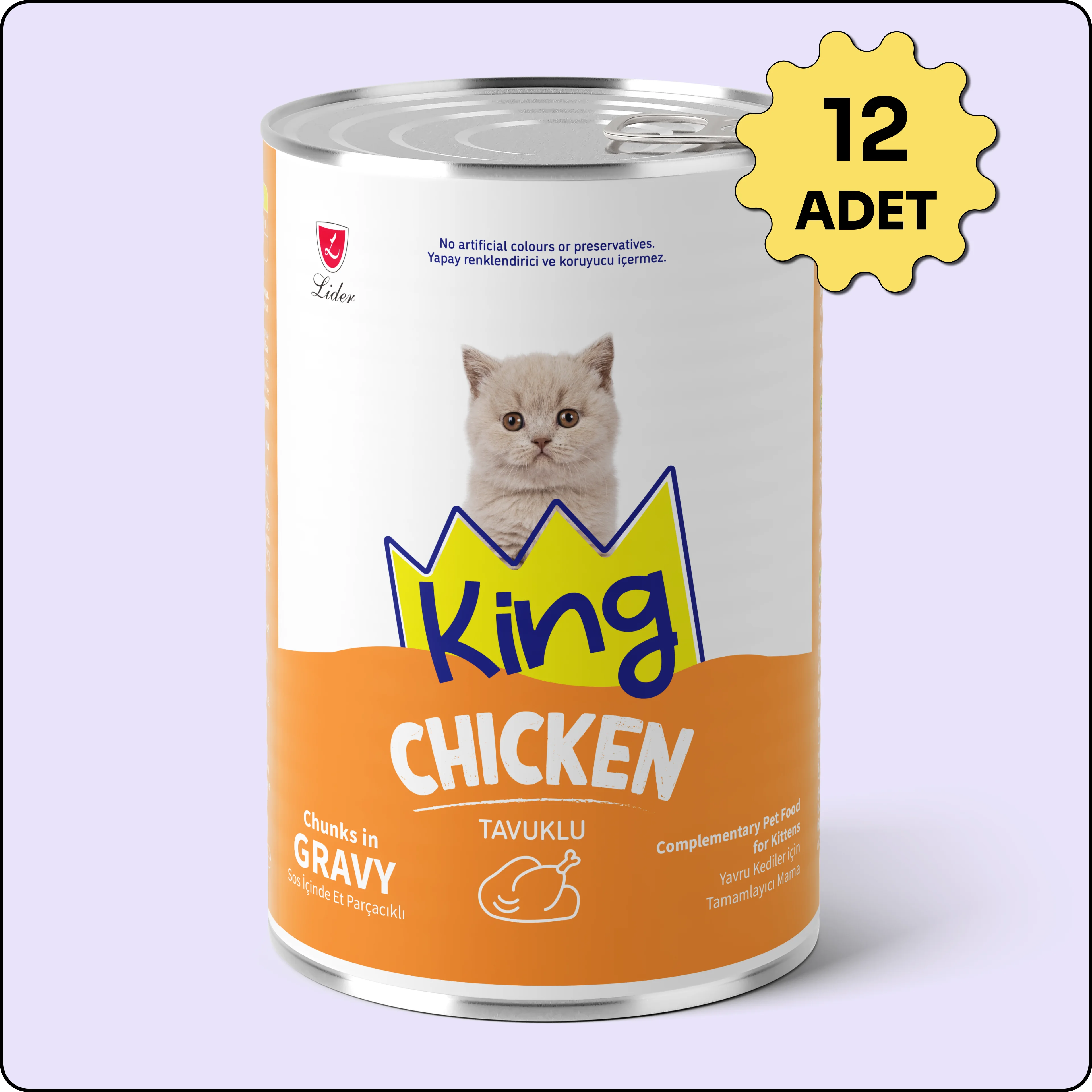 King Sos İçerisinde Et Parçacıklı Tavuklu Yavru Kedi Konservesi 400 gr 12 Adet