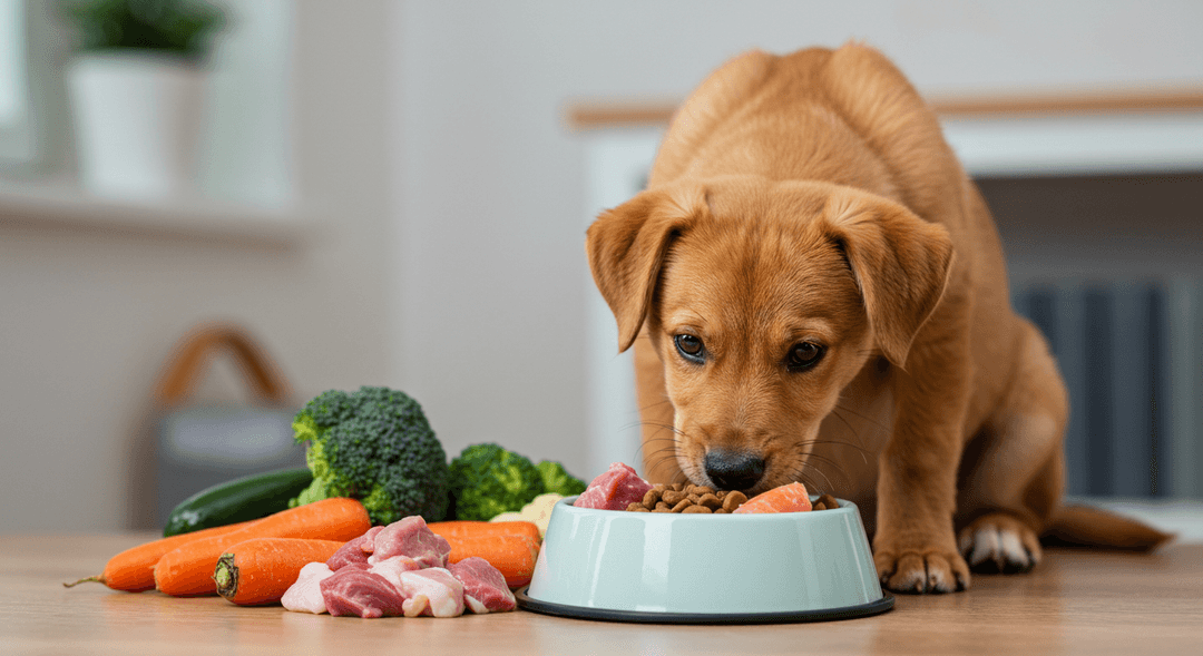 Dengeli ve sağlıklı bir öğün yiyen yavru köpeğin, et, balık, sebze ve tam tahıllarla dolu mama kasesi önünde mutlu bir şekilde beslendiği sahne.