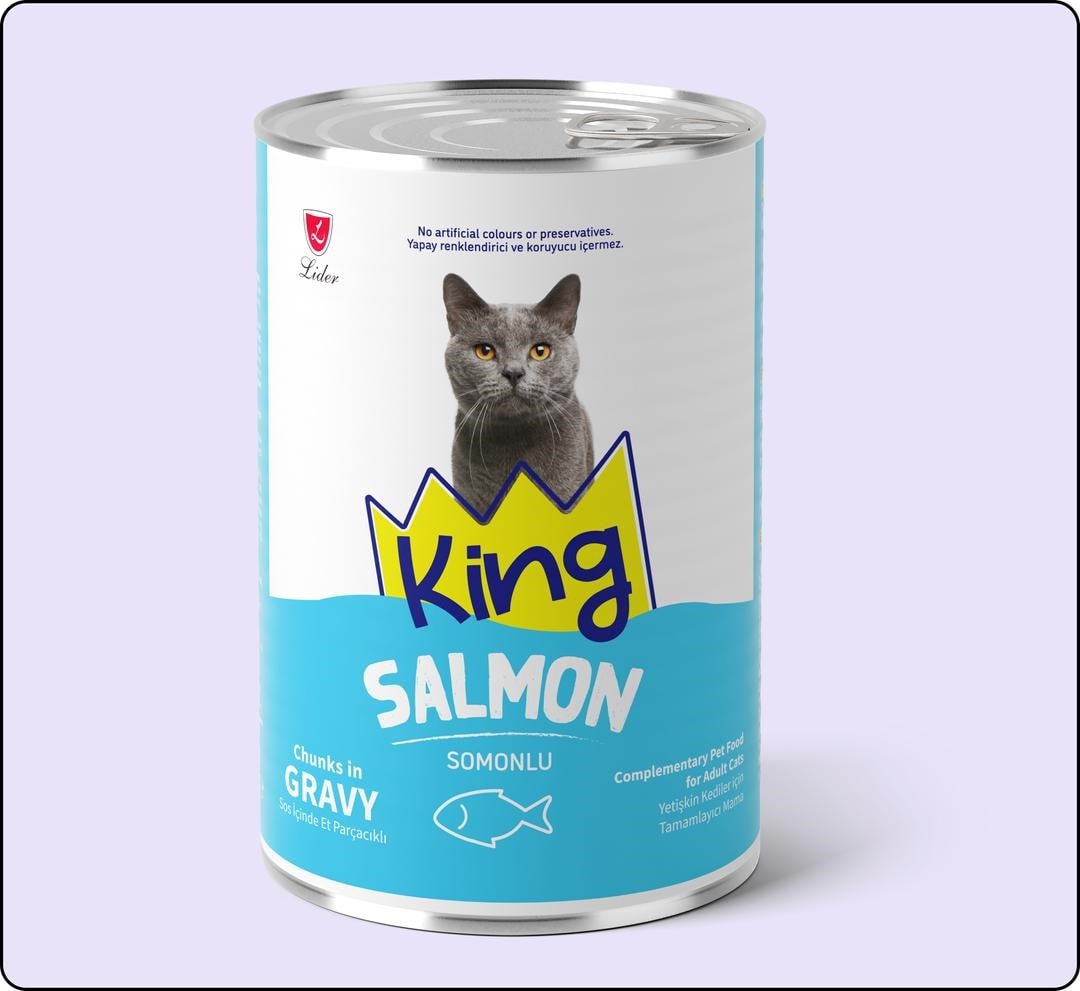 King Sos İçerisinde Et Parçacıklı Somonlu Kedi Konservesi 400 gr 24 Adet